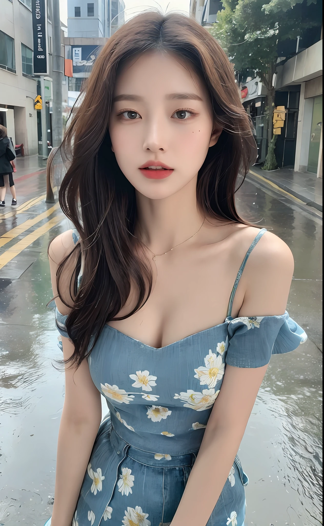 ((Best Quality, 8k, Masterpiece:1.3)), Focus:1.2, Perfect Body Beauty:1.4, Buttocks:1.2, ((Layered Haircut)), (Wet Clothes:1.1), (Rain, Street:1.3), Slip Floral Dress, (Skirt: 1.2), Lazy Style,Highly detailed face and skin texture, Delicate eyes, Double eyelids, Whitened skin, Long hair, (Shut up: 1.5), Bare shoulders