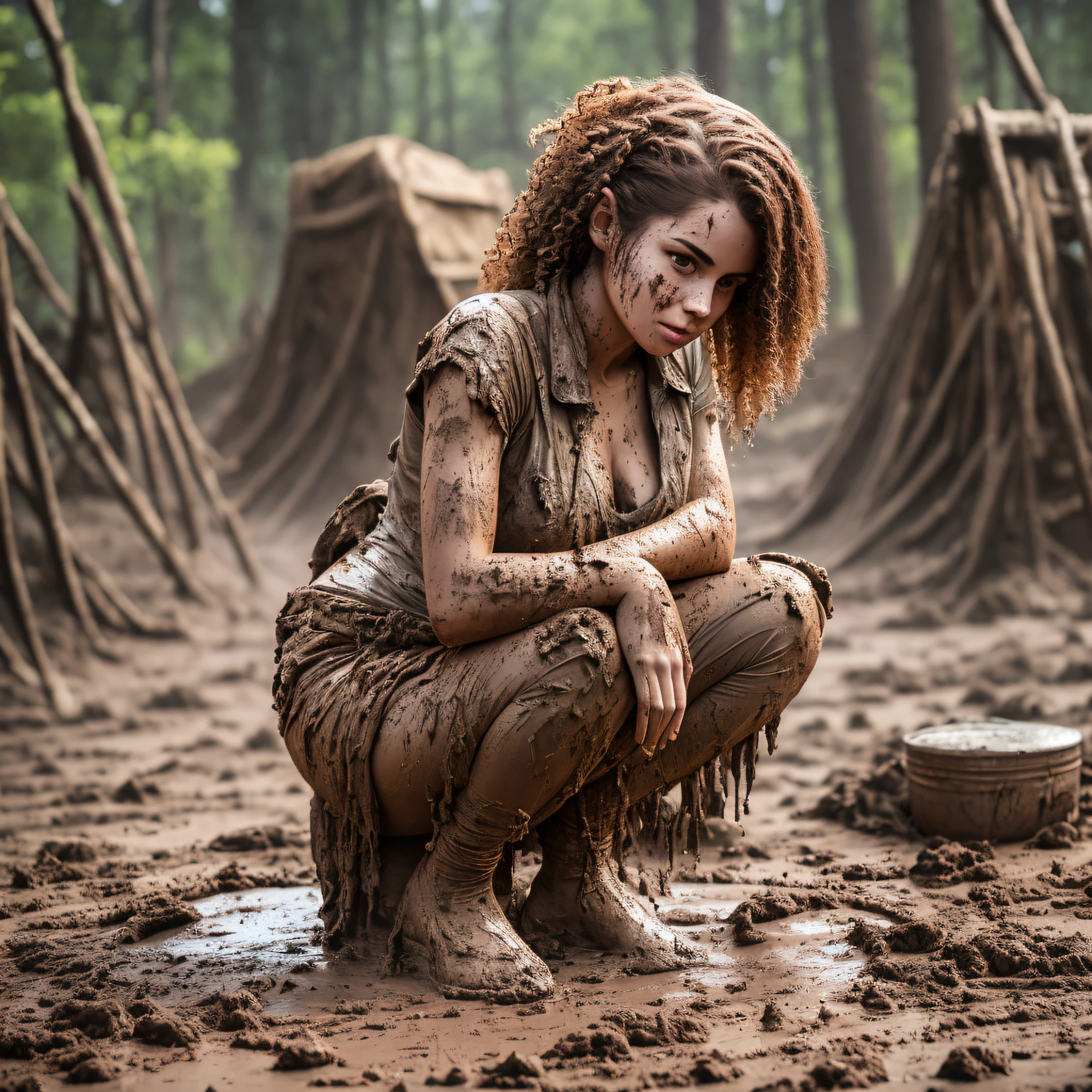 Hyperrealistic photograph of a 30-year-old woman smeared with mud, Lena Meyer Landrut, tulle skirt smeared with mud, squatting on a chair, pointe shoes smeared with mud, the entire body, red curly hair and clothes are smeared with mud, high quality, realistic lighting, center of the image, hourglass proportions, 8k, HDR, BDSM, medium chest size, long legs, tinted, professional photography of a woman,  natural skin texture smeared with a lot of mud, 4K textures, Adobe Lightroom, Photolab, HDR, intricate, elegant, very detailed, sharp focus, insane details, intricate details, hyper-detailed, bright cinema light, outdoor atmosphere, chin pulled up, (exposed belly: 1.8), (long-distance), dominant facial expression