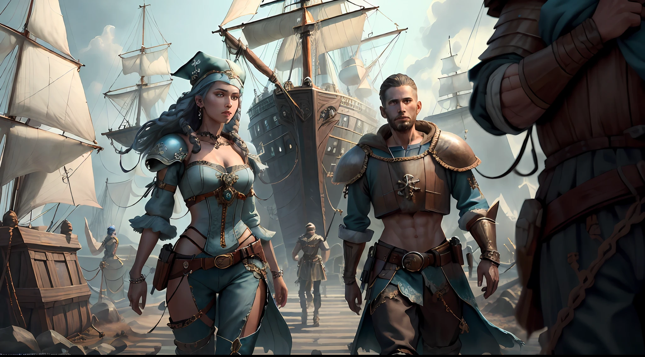 (((Multi-person interaction, with male and female))), (Highly detailed RAW color photo, ridiculous resolution, high resolution, super detailed), ((r 9 6 angles)), blue skin, handsome, fearless and brave expression, mature, thin shoulders, very thin body, black captive dark pirate hat, white dirty braids, vibrant green eyes, (detailed eyes and detailed face), extremely detailed 8k photo, (full body: 0.9), beautiful woman, overboard, offboard background, detailed face, (Medieval Fantasy Theme: 1.3), Light Blue Pirate Theme Armor with Highly Intricate Details, Blue Pants, Ship in the Background, Inside the Ship, Deck of the Ship, Inspired by Dungeons & Dragons, Digital Artwork, Surreal, Photography, Soft Lighting, Soft Detail, Octane, ArtStation Trend, Ultra High Detail, Surreal, Movie, 16k,