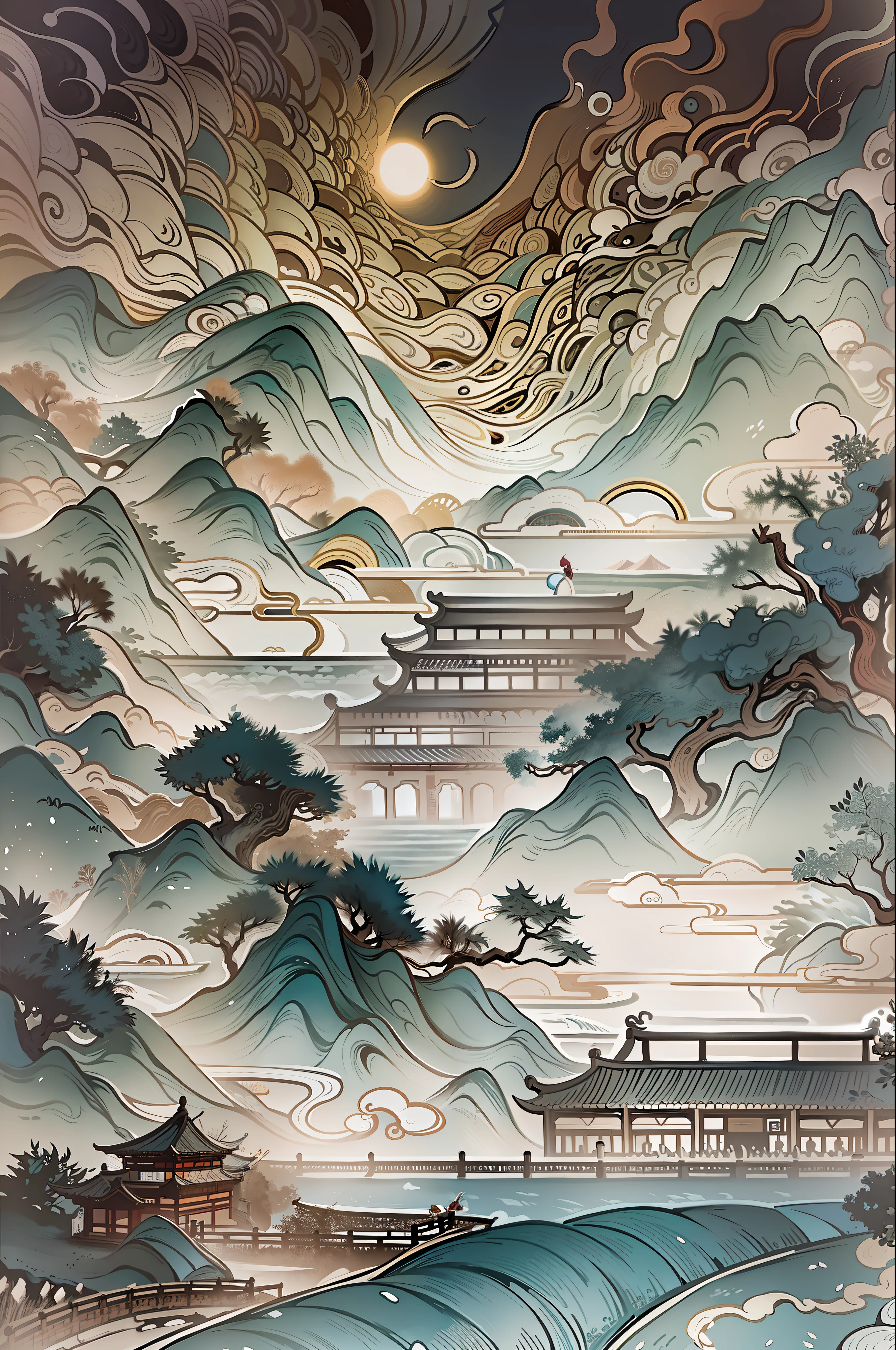 Une peinture chinoise ancienne, fond chinois ancien, montagnes, rivières, nuages de bon augure, pavillons, soleil, chefs-d&#39;œuvre, super détail, composition épique, Ultra HD, haute qualité, extrêmement détaillé, art officiel, fond d&#39;écran unifié 8k, super détail, 32k -- v 6