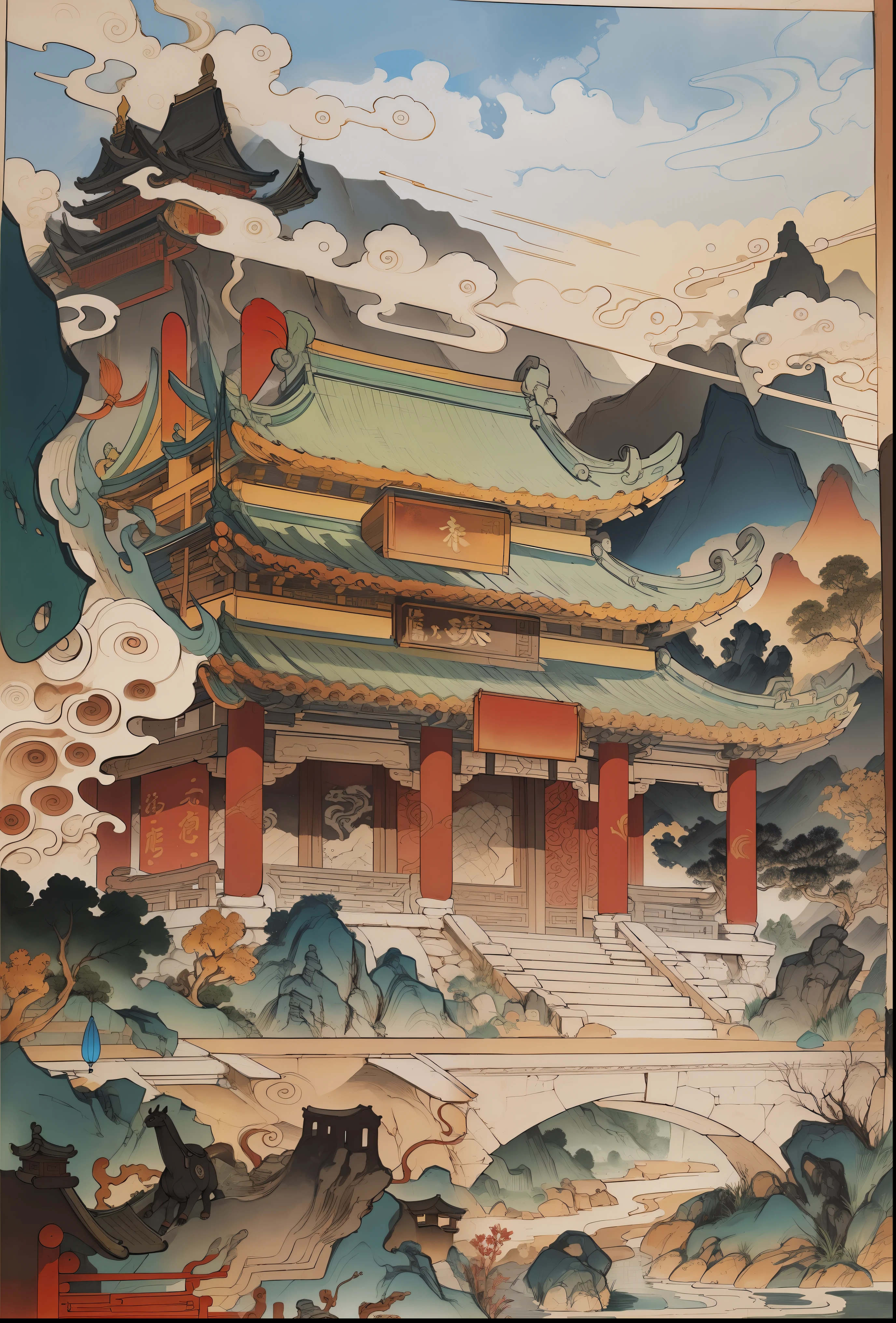 ภูมิทัศน์ของจีนโบราณ, อาคารโบราณ, ศาลา, คานแกะสลักและทาสีอาคาร, ภูเขาและแม่น้ำที่สวยงาม, แรงบันดาลใจจากศิลปะการต่อสู้ของ Jin Yong, แสงแดด, สไตล์การวาดภาพด้วยหมึก, สีที่สะอาด, การตัดอย่างเด็ดขาด, ที่ว่าง, ด้วยมือเปล่า, ผลงานชิ้นเอก, รายละเอียดสุดยอด, องค์ประกอบที่ยิ่งใหญ่, คุณภาพสูง , คุณภาพสูงสุด, สไตล์พิกซาร์, อิ่มตัวมากเกินไป, เหนือจริง, อาร์เจิร์ม --v 6