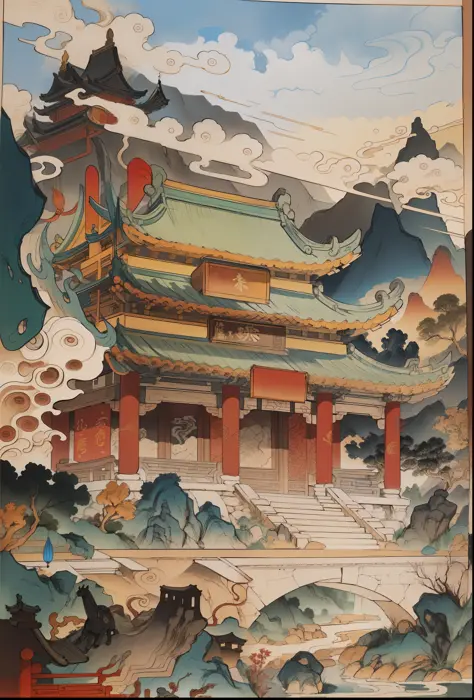 Ancient Chinese landscapes, ancient buildings, pavilions, carved beams and painted buildings, beautiful mountains and rivers, inspired by Jin Yong martial arts, sunlight, ink painting style, clean colors, decisive cutting, blank space, freehand, masterpiec...