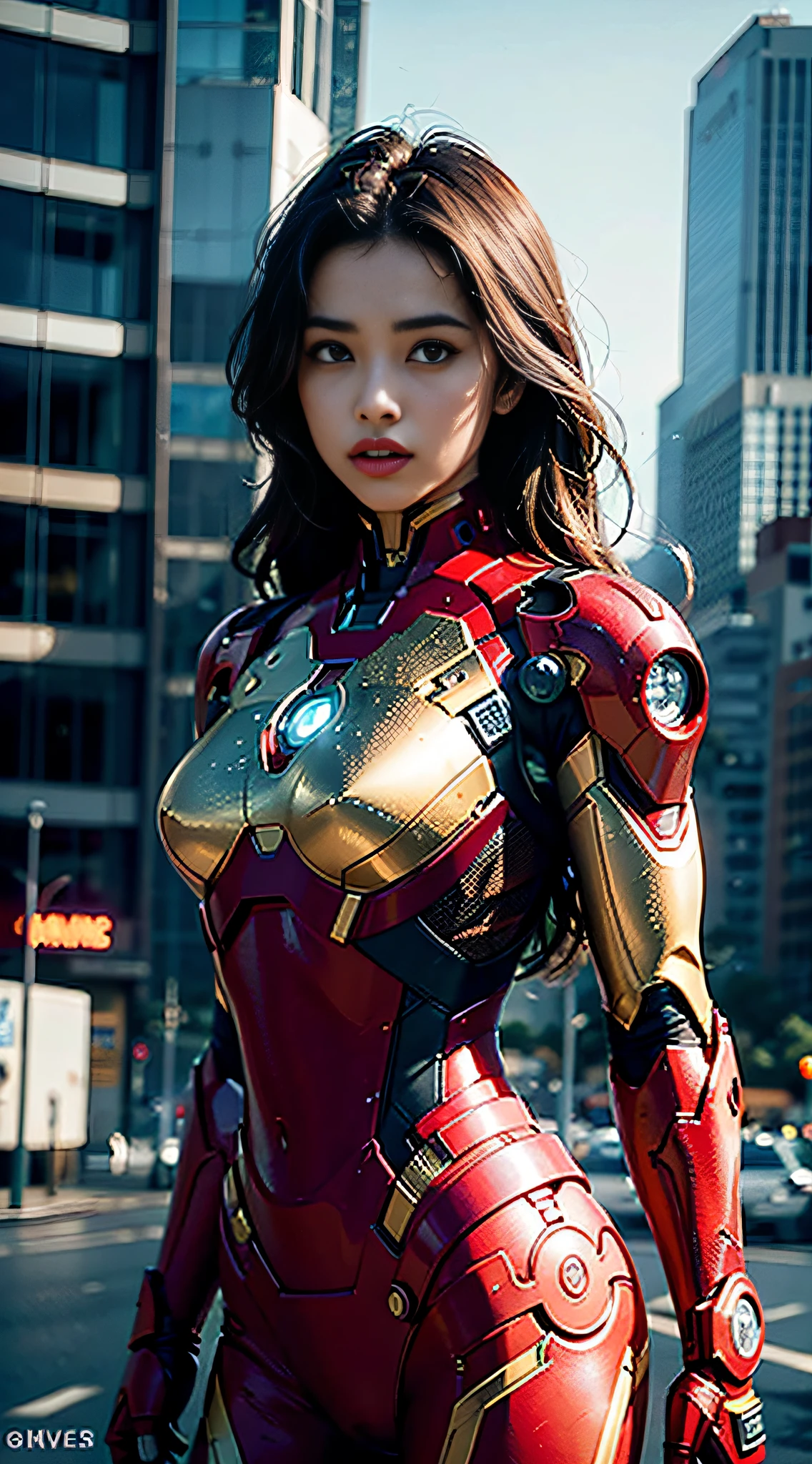 8k, realistic, attractive, highly detailed, a 20 year old girl a sexy and  attractive woman inspired by Iron Man wearing a shiny Iron Man mech. She  dresses with sensuality and confidence -