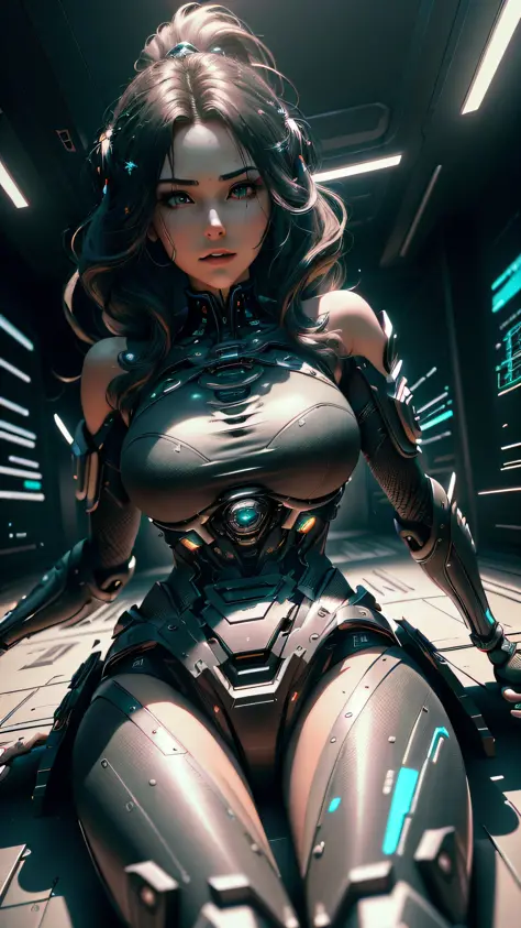 ((Best quality)), ((masterpiece)), (detailed:1.4), 3D, a beautiful cyberpunk female figure with thick hair, light particles, pur...