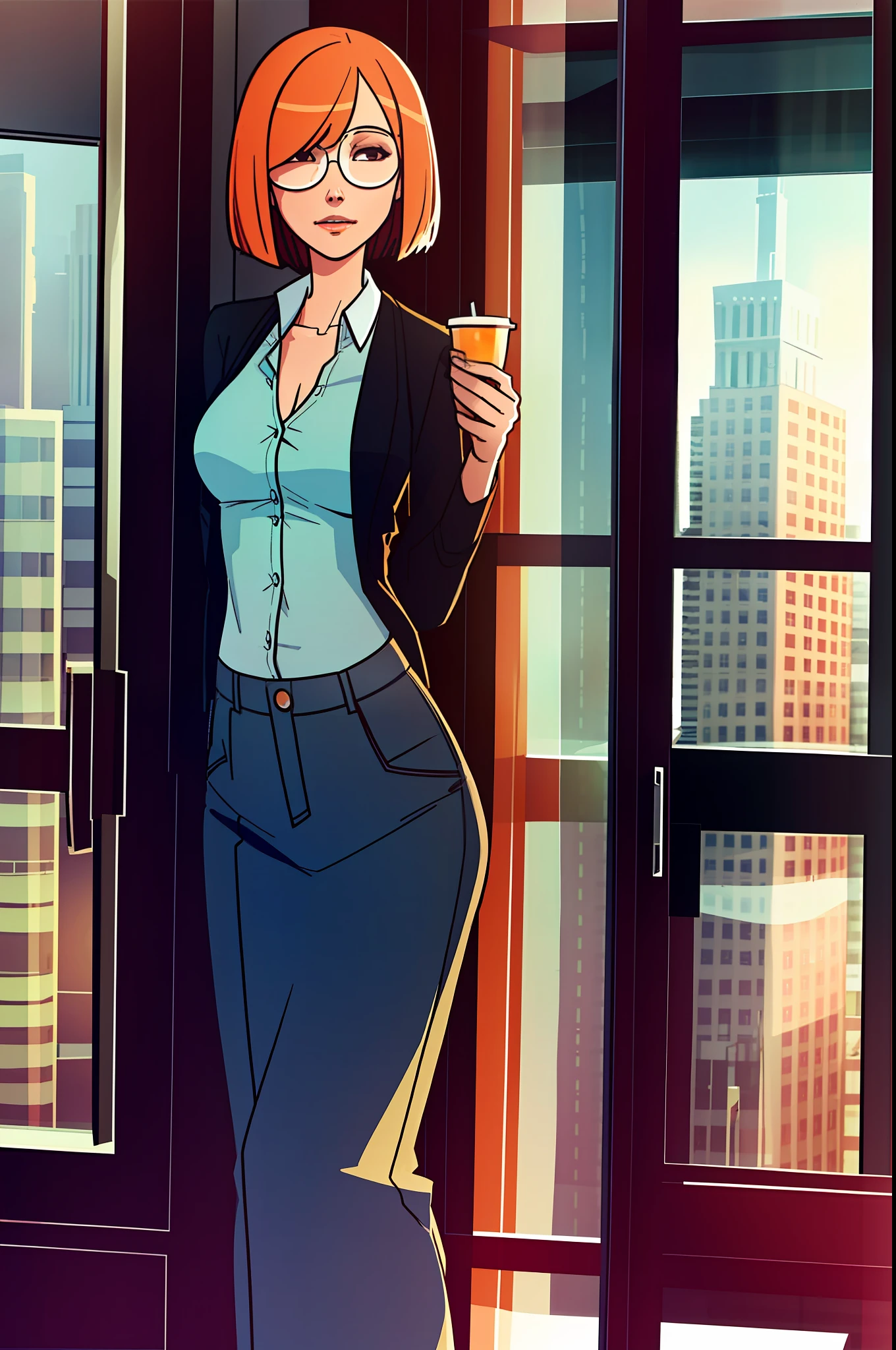 balsamique, masterpiece, best quality, 1girl, breasts, solo, tall, skinny, a cup breasts, short hair bob cut, orange hair, sundress, cropped cardigan, unbuttoned, tiny waist, small hips, flat butt, half circle glasses, mature, adult, six feet tall, high rise, window, office,