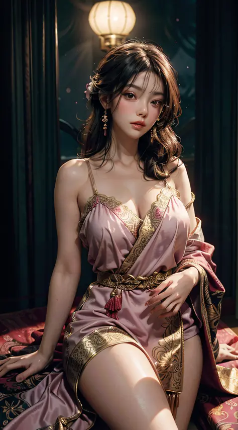 The art depicts a charming woman dressed in a flowing, silky traditional oriental dress, pink, decorated with intricate patterns...