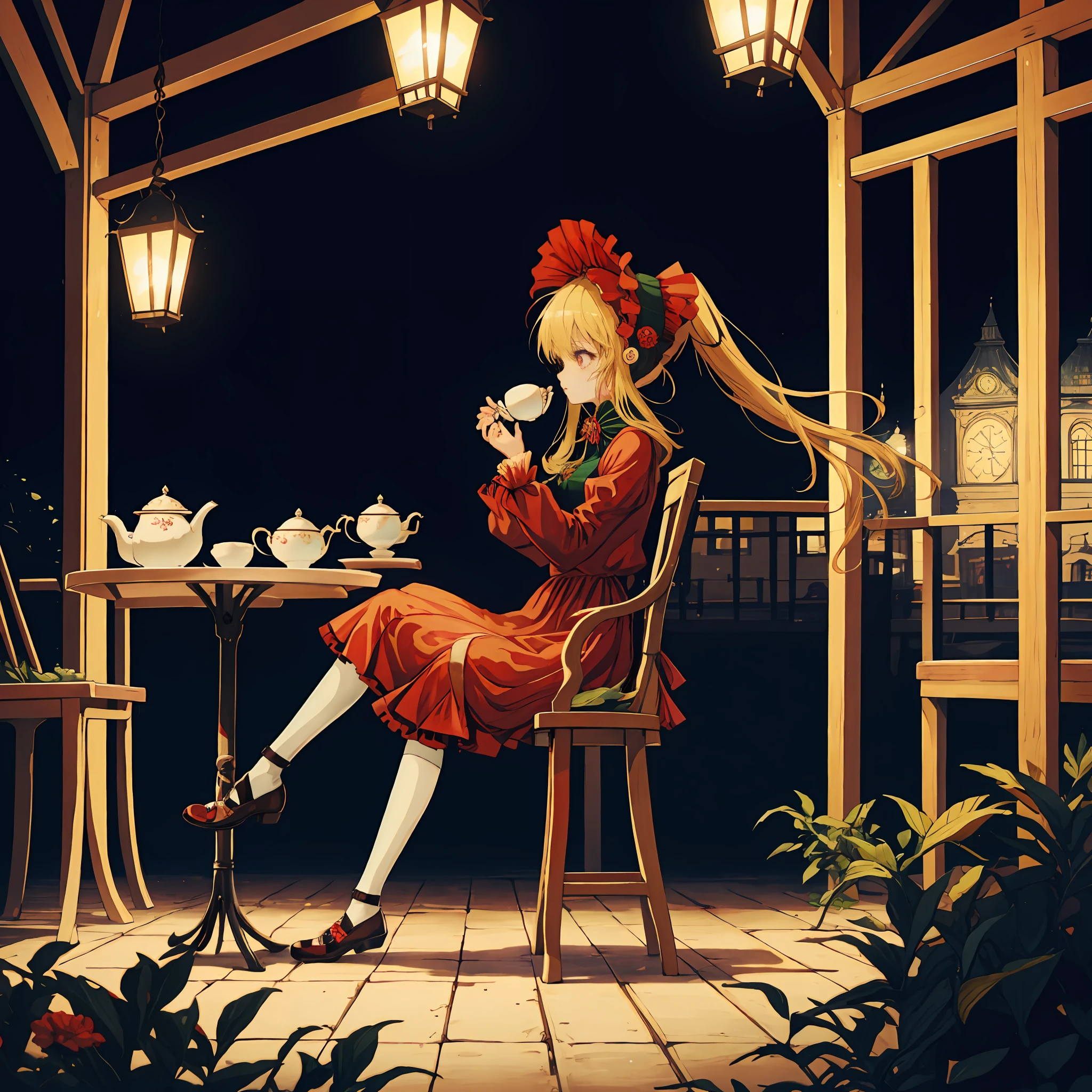 1girl, shinku, original outfit, bonnet, red dress,white pantyhosecup, black footwear, teacup, teaparty, british, drinking tea, table, teapot, London