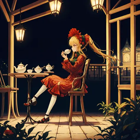 1girl, shinku, original outfit, bonnet, red dress,white pantyhosecup, black footwear, teacup, teaparty, british, drinking tea, t...