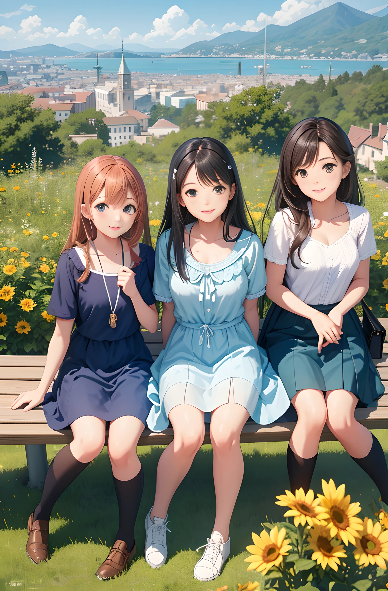 Three cute high school girls are smiling and chatting on a bench on a hilltop on a summer day, high-quality illustrations, detailed expressions, realistic cityscape, high resolution, good expressiveness, hot sun, relaxing sense of space.