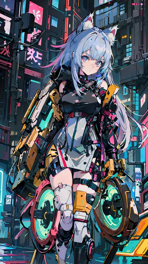 anime girl with cat ears and a backpack walking down a street, cyberpunk anime girl, digital cyberpunk anime art, anime cyberpun...