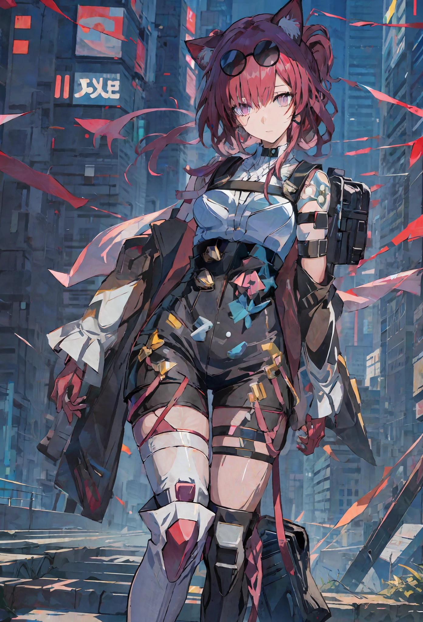 Anime-Mädchen mit Katzenohren und einem Rucksack läuft eine Straße entlang, cyberpunk anime girl, digital cyberpunk anime art, anime cyberpunk art, digital cyberpunk - anime art, cyberpunk anime art, cyberpunk anime girl mech, female cyberpunk anime girl, oppai cyberpunk, bestes Anime 4k Konachan-Hintergrundbild, Anime-Stil 4k, cyberpunk art style