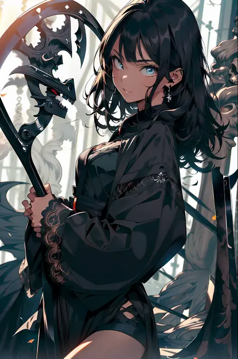 (((BLACK HAIR, [PERFECT REALISTIC EYES])))), (((HOLDING A SCYTHE IN HANDS,))) 1GIRL, SEXY, BLACK OUTFIT, BLACK CAPE AND HOOD, LARGE BREASTS, SLIM BODY, SLIM WAIST, ultra realistic 8k CG, perfect face, flawless, clean, masterpiece, professional artwork, fam...