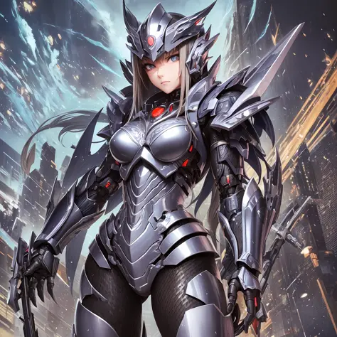 close up portrait of a person in costume with a sword, cyber japan style armor, cyber japan armor, guyver style, girl in armor, ...