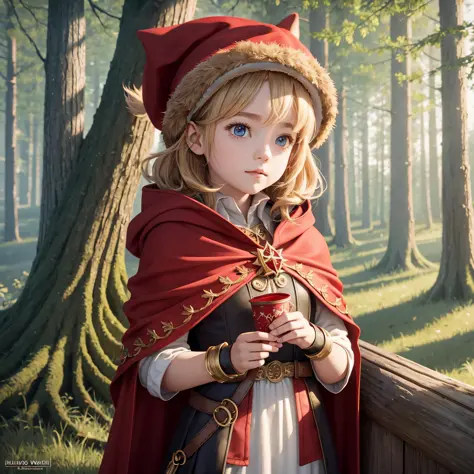 Little girl in a red hat, Red cloak, Europa 1400: Gold, forest, big bad wolf, Cartoon painting, unreal engine, cinematic lighting, UHD, super detail --auto --s2