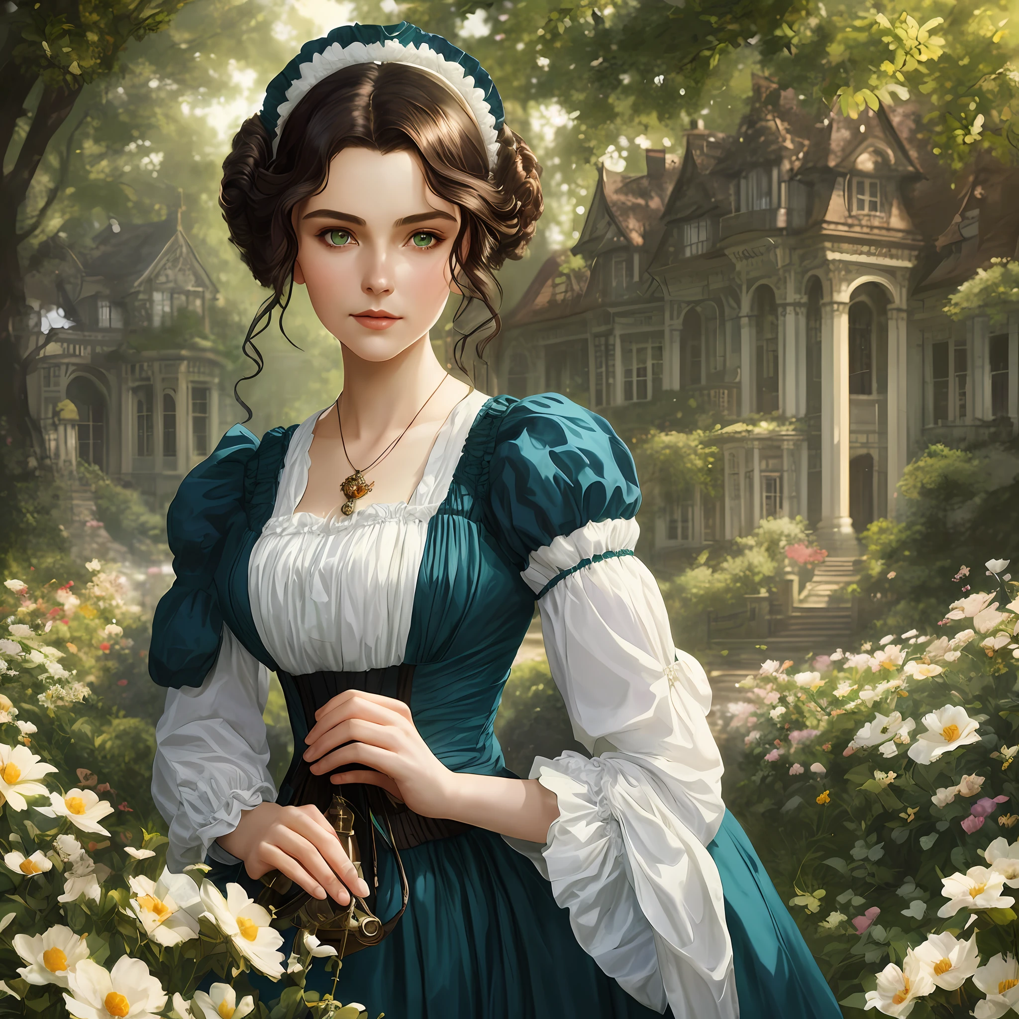 masterpiece stunning delicate and curvy young woman 20 years old, wearing british victorian lady outfit, blue dress, ruddy skin, dark brown straight medium hair, detailed perfect almond-shaped emerald green eyes, perfect sensual and full lips, resemblance to scarlett ohara, looking up, ((sunny victorian mansion garden background)), full body, cover, hyperdetailed painting, luminism, Bar lighting, complex, 4k resolution concept art portrait by Greg Rutkowski, Artgerm, WLOP, Alphonse Mucha: a stunning realistic photograph 18 years