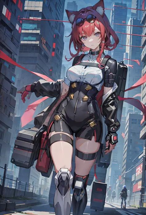 anime girl with cat ears and a backpack walking down a street, cyberpunk anime girl, digital cyberpunk anime art, anime cyberpun...