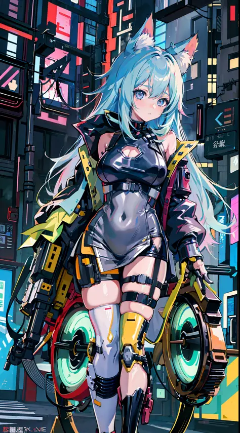 anime girl with cat ears and a backpack walking down a street, cyberpunk anime girl, digital cyberpunk anime art, anime cyberpun...