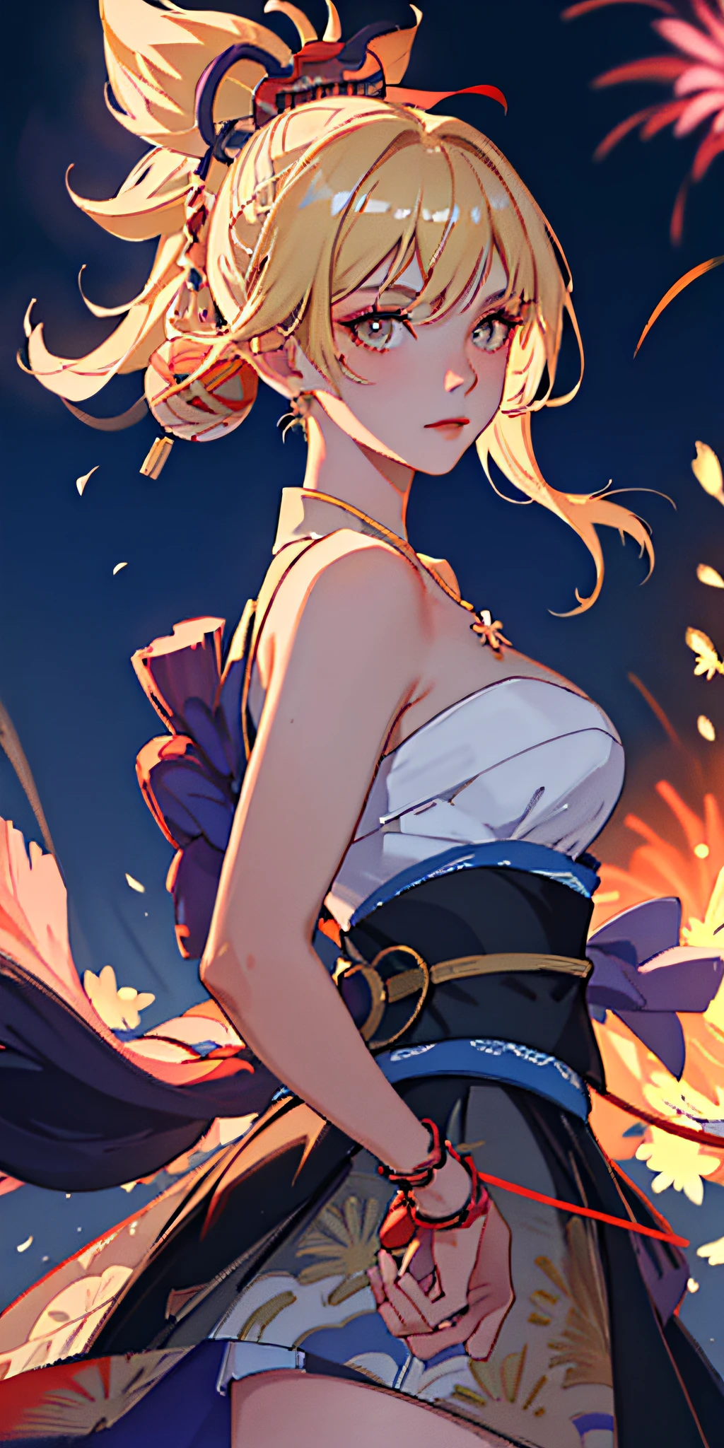 (best quality, masterpiece), 1girl, Mature woman, breasts, pose, particle, wind, flower blossom, upper body, night sky, fireworks, bathed in moonlight, looking at viewer, blonde high ponytail, galaxy, Japan, 8K