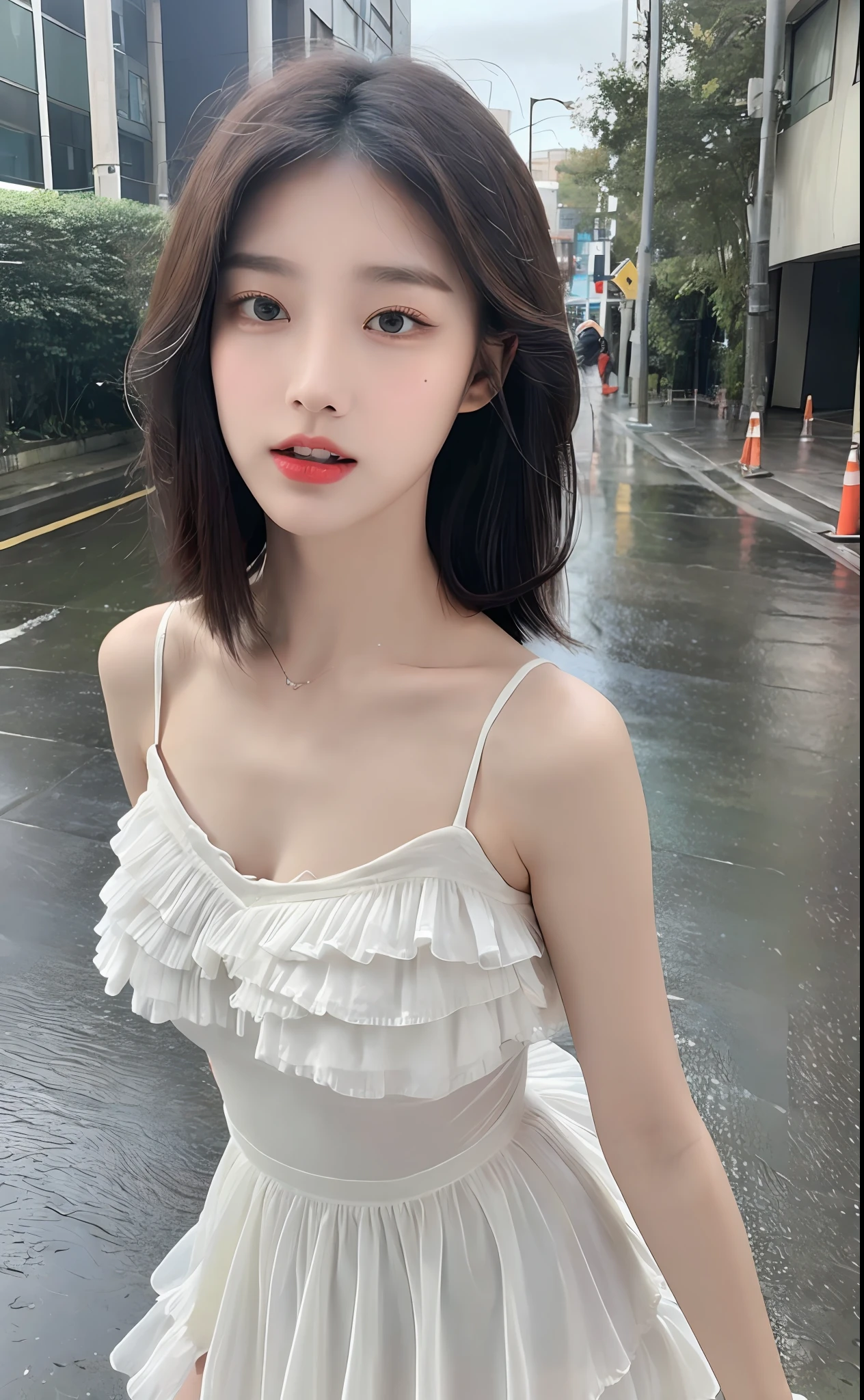 ((Best Quality, 8k, Masterpiece: 1.3)), Focus: 1.2, Perfect Body Beauty: 1.4, Buttocks: 1.2, ((Layered Haircut)), (Wet Clothes: 1.1) , (Rain, Street:1.3), Tulle Fabric, Slip Dress, (White Dress: 1.2), Slouchy Style, Highly Detailed Face and Skin Texture, Delicate Eyes, Double Eyelids, Whitened Skin, Long Hair, (Shut Up: 1.5), Bare Shoulders