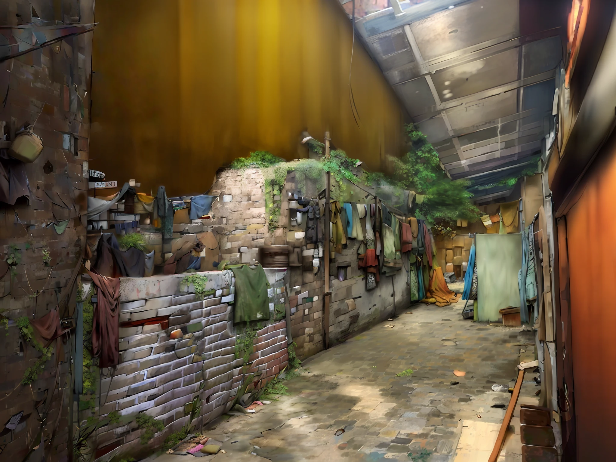 there is a brick wall with a bunch of clothes hanging on it, back alley, background is a slum, in a narrow chinese alley, in an alley, in the early morning, laundry hanging, evening time, alley, green alleys, shot on nikon z9, alleys, outdoors tropical cityscape, green alley, an abandonded courtyard