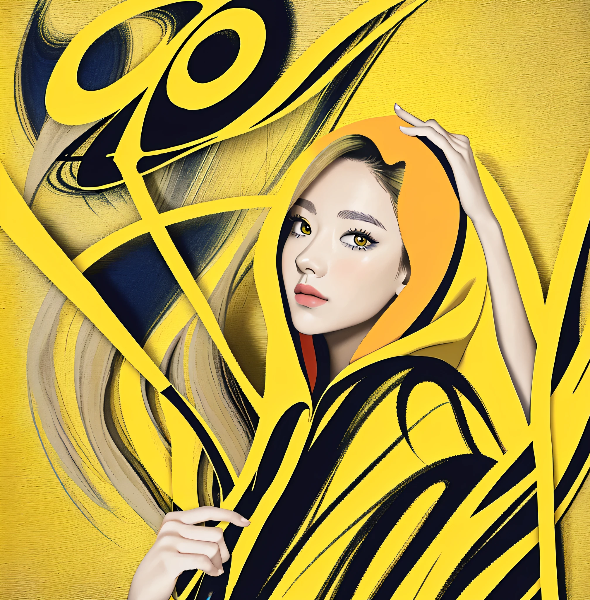 完全な指、自然な指の形、隠れている指もあわせて合計5本の指、a painting of a woman with a hoodie on and a yellow background, album cover!, by Gavin Hamilton, an album cover, album art cover, album art, alternate album cover, album artwork, by Ellen Gallagher, album cover art, poster cover art, by Gee Vaucher, album cover, cover shot, package cover, by Daphne Allen, artistic rendition, (richly coloured:1.1)