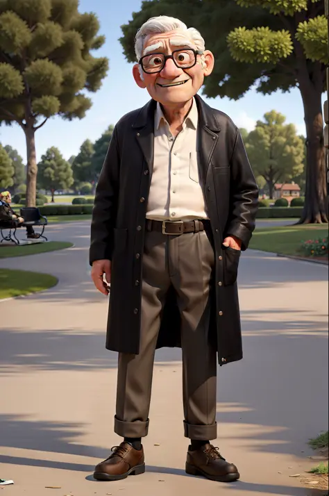 Masterpiece, best quality, an old man, wearing black leather coat, wearing jens pants, white sneakers, standing in the park ultra realistic high quality 8k image