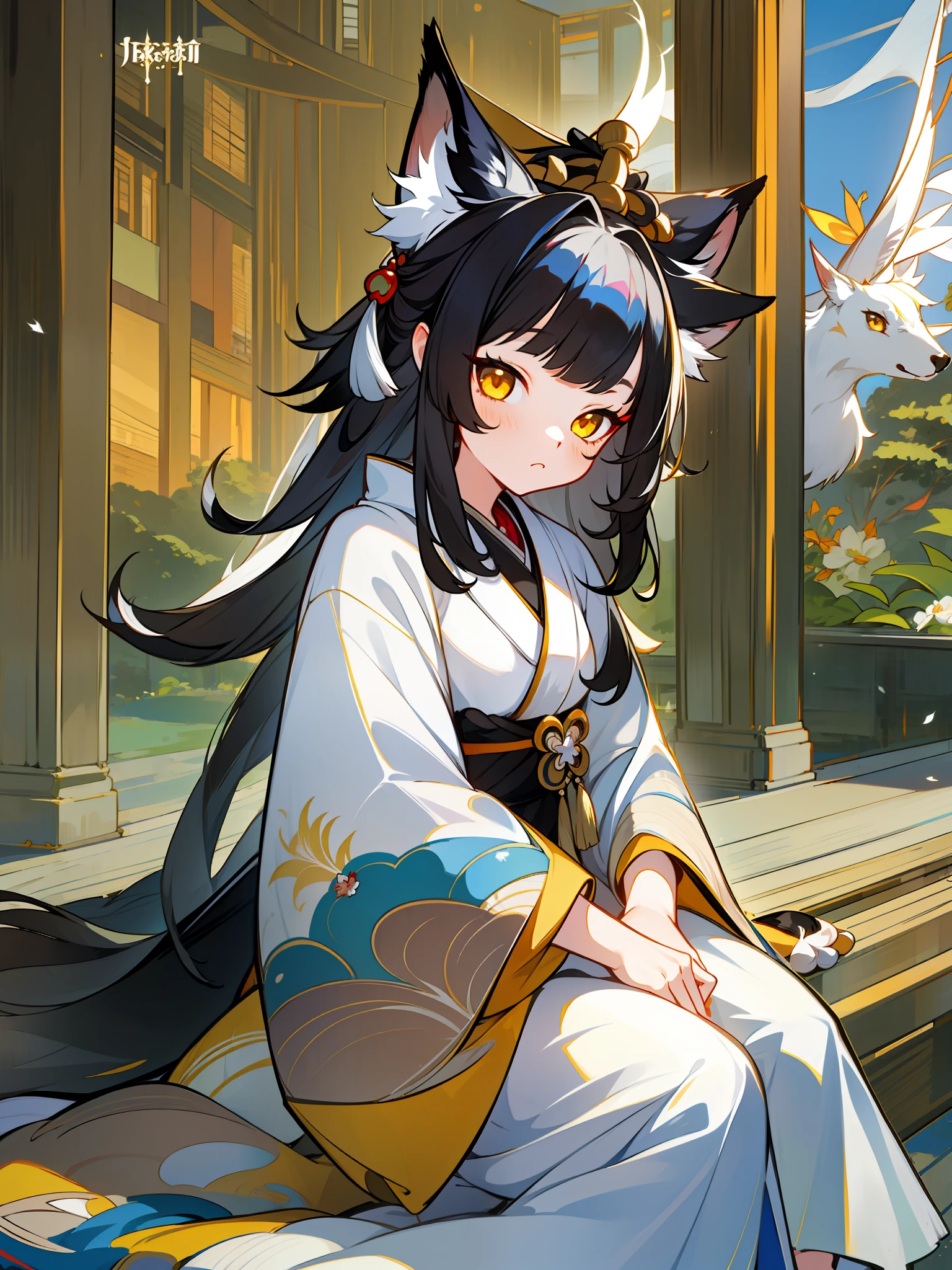 masterpiece, high quality, 1girl, yellow eyes, youthful, black hair, long hair, kimono, sitting, (white tail:1.5), cute, playful, illustration, vivi color,