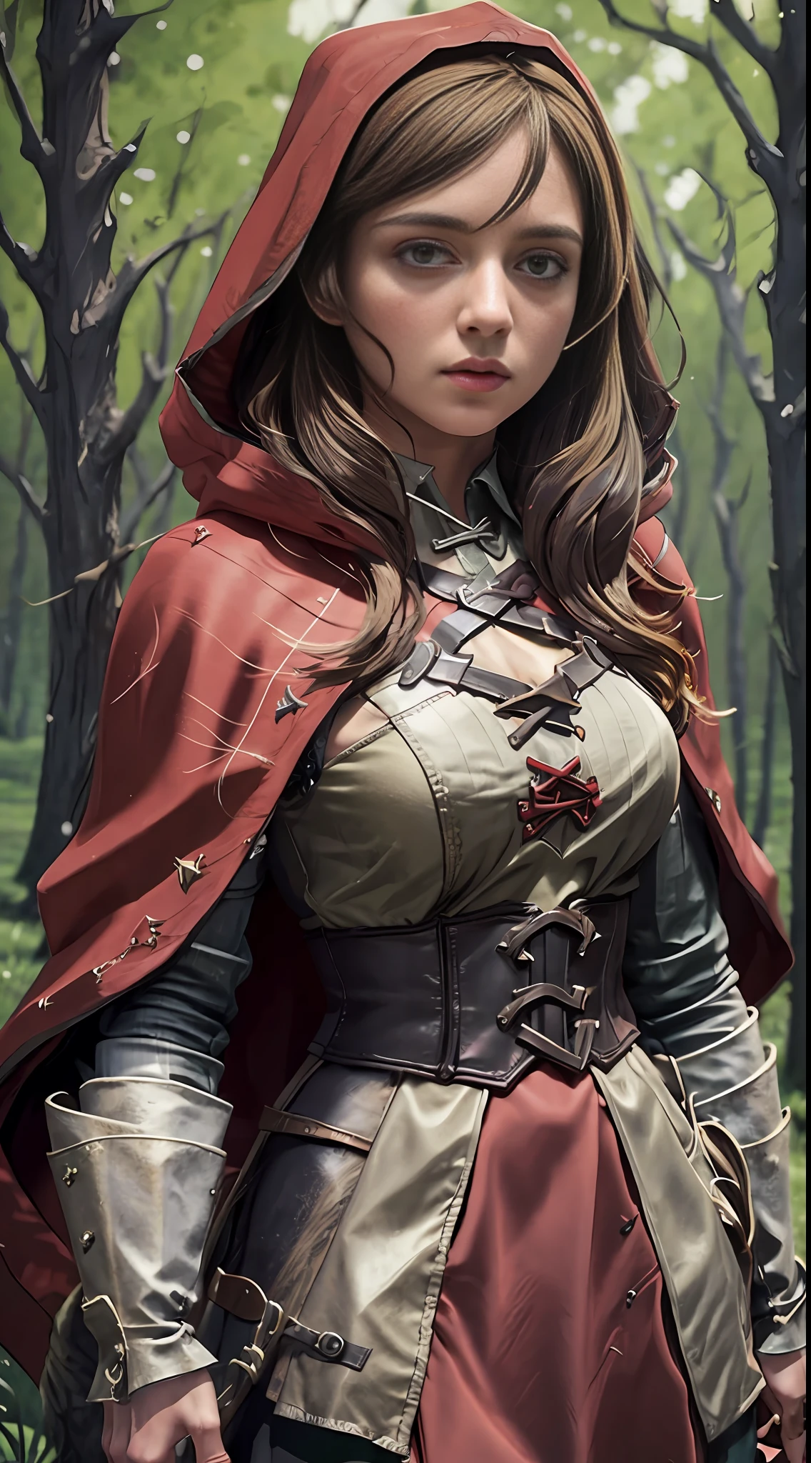 Girl, Red Cloak, European Medieval, Battle, Forest, Big Bad Wolf, Unreal Engine, Cinematic Lighting, UHD, Super Detail