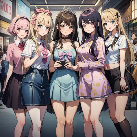 (masterpiece), high-quality, ultra-detailed, (5 girl friends), (gyaru style:1.2, pastel colors), chatting in public, dynamic poses, (varying height:1.1, hairstyles:1.1, and styles), high school students.
