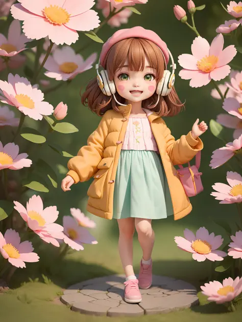 (Daisaku), (Extreme Quality), (Super Meticulous), (Full Body: 1.2), 1girl, Chibi, Cute, Smile, Open Mouth, Flower, Outdoor, Play Guitar, Music, Berets, Hold Guitar, Coat, Blush, Tree, :3, Shirt, Short Hair, Cherry Blossoms, Green Headgear, Confusion, Brown...