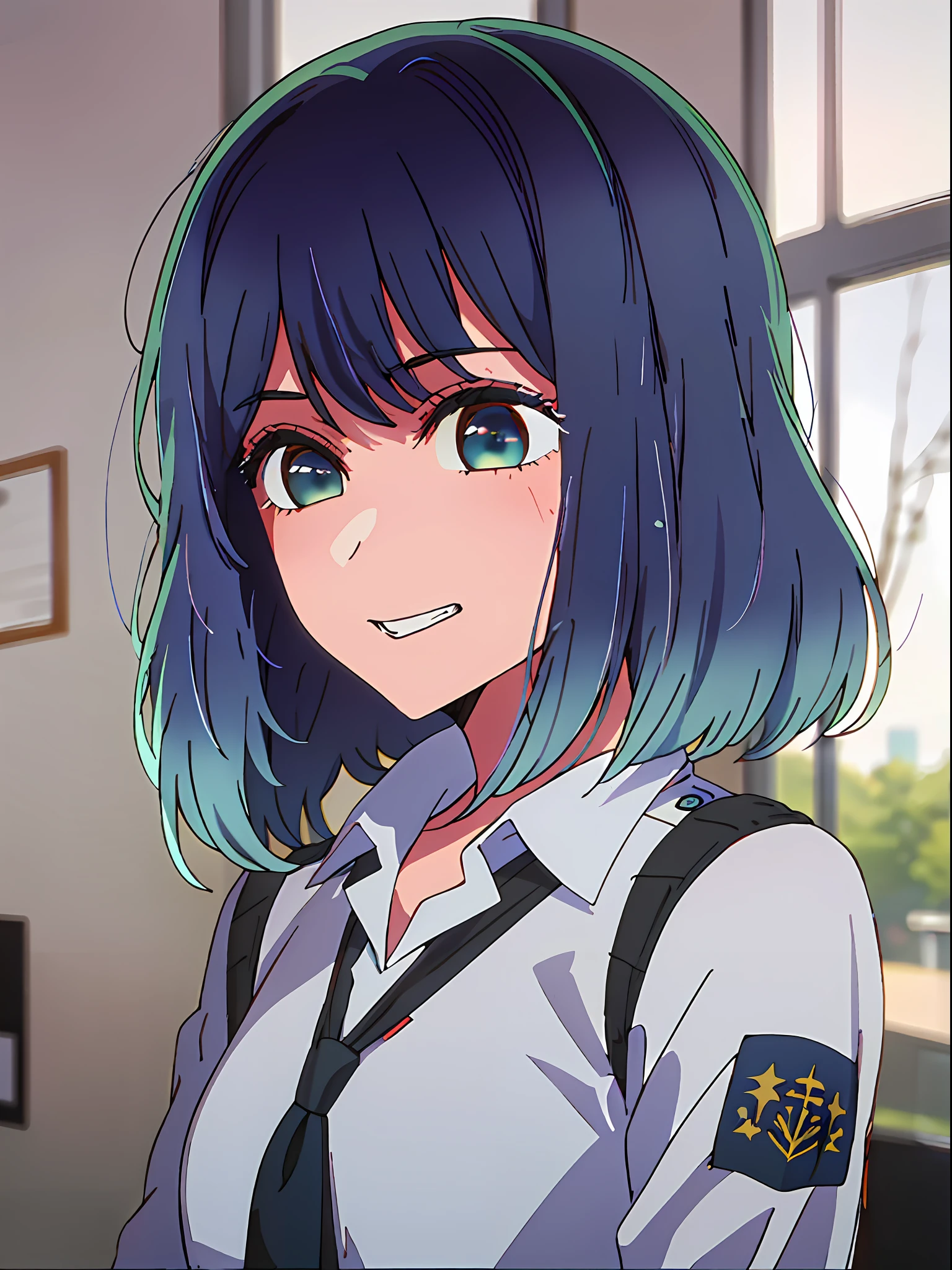 (RAW Photos, Top Quality, Masterpiece), (Real, Photoreal), One Girl, Solo, Akane, Blue Hair, Yandere, Shadowed Face, grin, 3D, Realistic, CG, yameroyandere, Constricted Pupils, Yandre, Uniform, Classroom, Stars in the Eyes