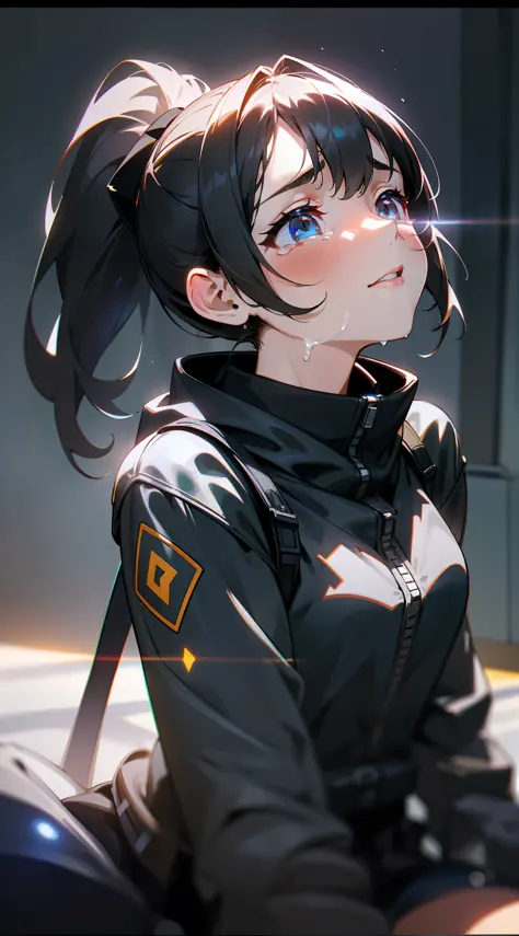 (Tearful 1.5), (Crying 1.5), (Grievance 1.5), (Looking up at the camera), (A black-haired girl), (Black Straight 1.5), (High Ponytail 1.5), Pupils with Light, Leather Jacket, Stockings, (Leg Length 1.8 meters), High Cold, Cold Expression, (Best Quality), U...