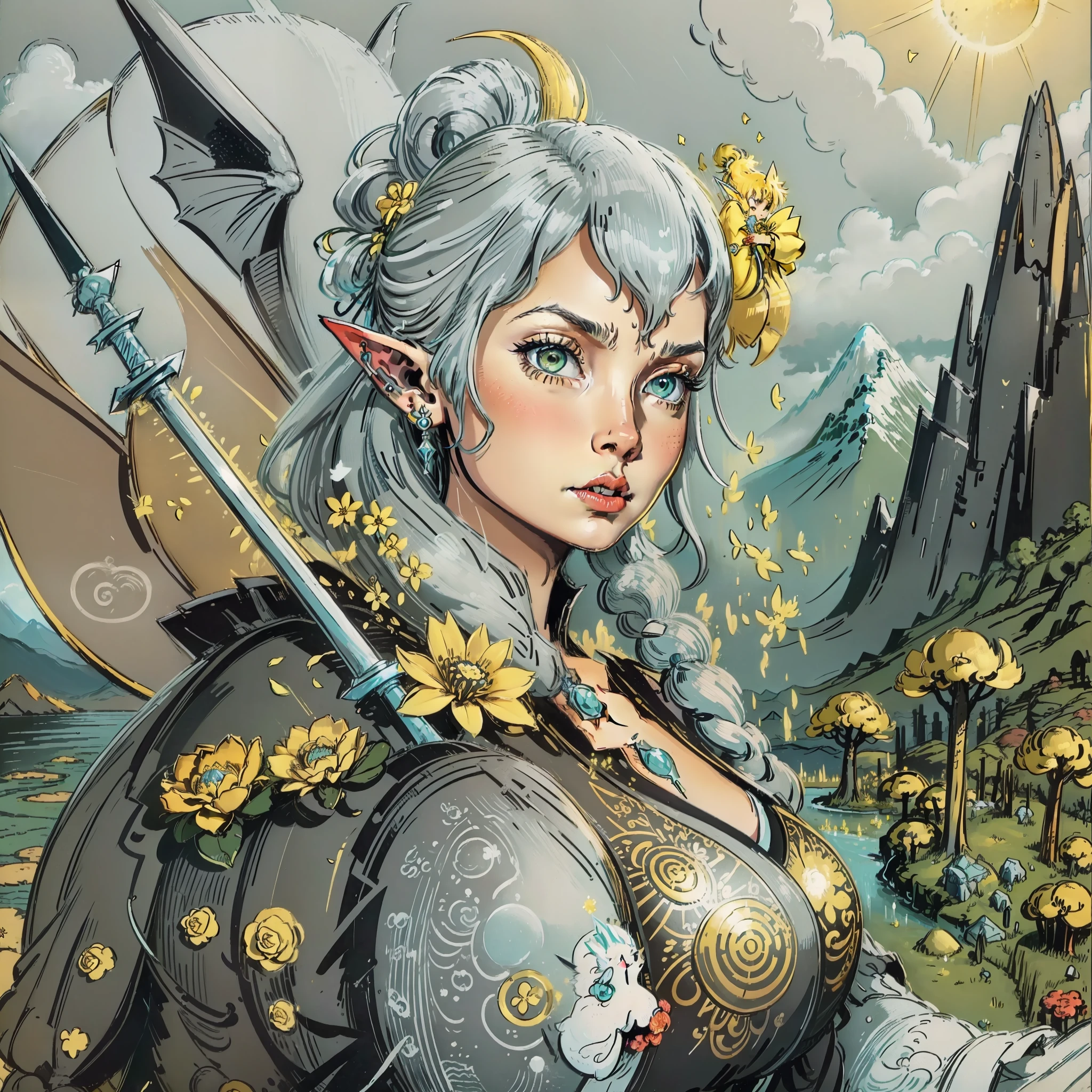 woman with huge fairy wing, sharp elf ear, lots of earring, long gray pigtails hair, huge yellow eyes, flower dress, big breasts, on top of a dragon, holding a golden sword, bright sunlight, scenery of a mountain and cloud