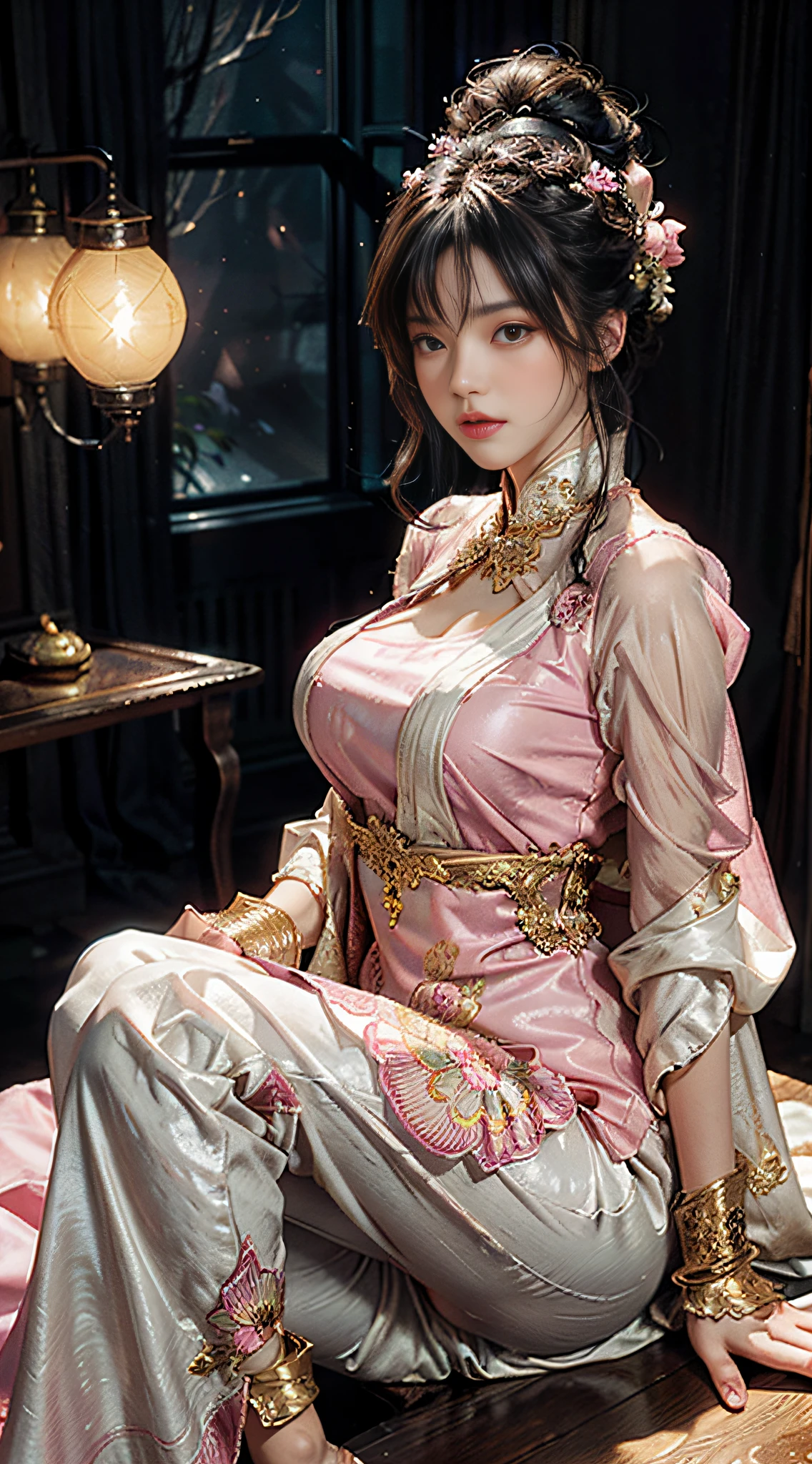 The art depicts a charming woman in a flowing, silky traditional oriental dress in pink, tight translucent trousers, decorated with intricate patterns and bright colors. Her dress drapes elegantly over her curvy figure, accentuating her seductive silhouette. She stood gracefully in the quiet moonlit night, bathed in the soft glow of the moonlight. The scene exudes an ethereal and dreamy atmosphere, with a touch of mystery and sexiness. The graphic style blends watercolor and digital illustration techniques to evoke a refined beauty and charm. The lights are filled with soft moonlight, casting soft highlights and shadows on her charming features. Bare thighs, wearing tight translucent pants, big breasts, three-dimensional facial features, sitting, upturned legs, side braids, full body photo