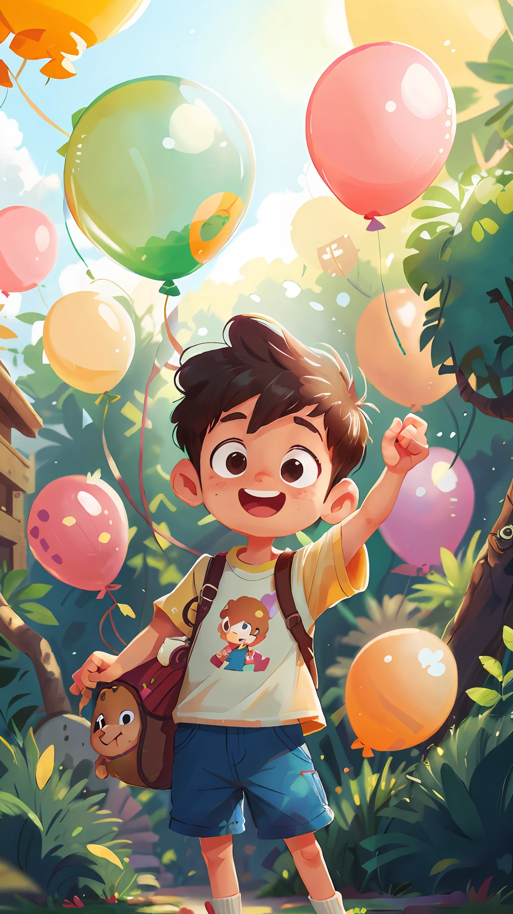 A boy, zoo, many balloons, happy, happy, perfect quality, clear focus (clutter - home: 0.8), (masterpiece: 1.2) (realistic: 1.2) (bokeh) (best quality) (detailed skin: 1.3) (intricate details) (8K) (detail eyes) (sharp focus), (happy)