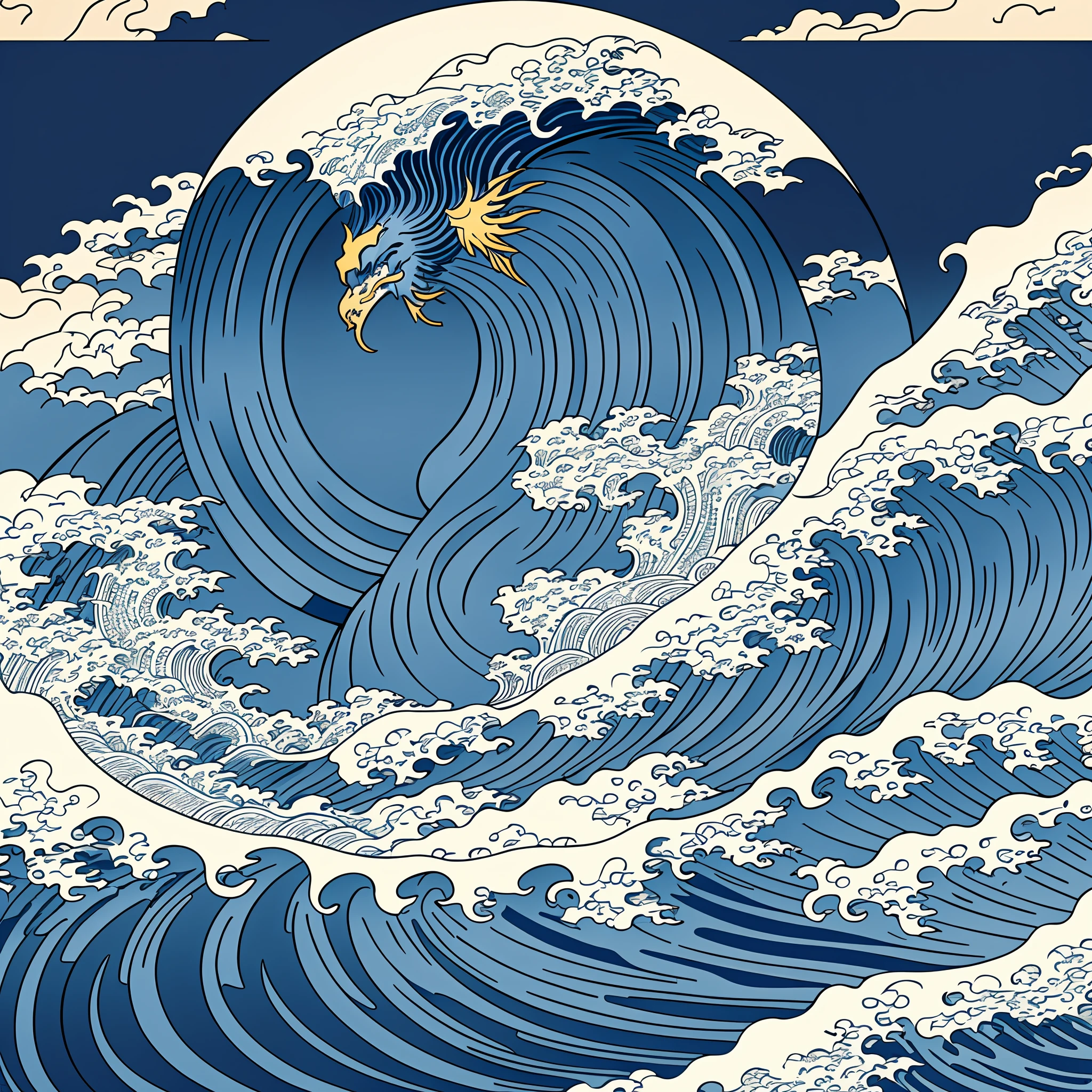 Katsushika Hokusai style dessin au trait, Conception de motif de vagues rugueuses bleu foncé de style Hokusai. La pointe de la vague est la tête d&#39;un dragon, la plus haute qualité, masterpiece high resolution Style Ukiyo-e. Style artistique, 1:1, Style Ukiyo-e, art vectoriel 3D, Adobe Illustrator, Résolution 4k, Arrière-plans magnifiques seulement