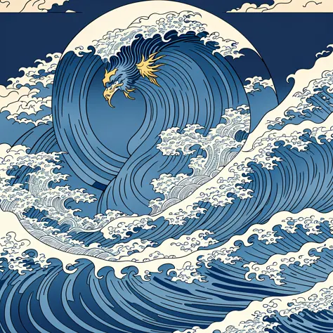 Katsushika Hokusai-style line art design, Hokusai-style dark blue rough wave pattern design. The tip of the wave is the head of ...
