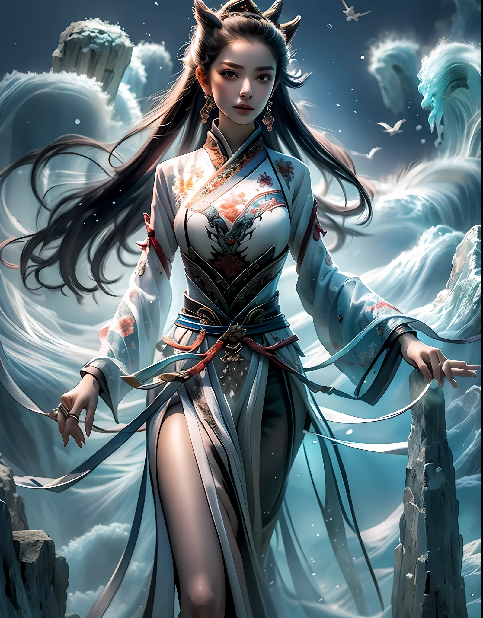 Close-up of a woman in an embroidered dress, very beautiful beauty, surrounded by auspicious clouds, Chinese fantasy, beautiful digital artwork, master works, Ross Tran 8 K, Zhang Jingna, Xian Xia Fantasy, CGsociety and Fenghua Bell, Chinese style, dragon inspired cloth robe, Ross Tran and WLOP, sea queen Mu Yanling, inspired by Chu Derun, natural movements, natural expressions