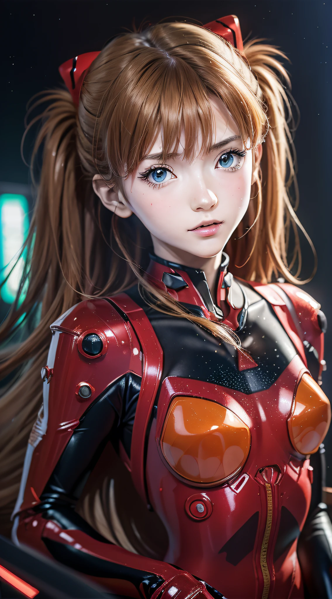 Shikiha Asuka Langre, ASUKA, Evangelion, EVA 02, wearing a red EVA pilot combat suit, high heels on her feet, tsundere girl, slender, juvenile, with almond-shaped sky blue eyes, long eyelashes, shiny lips, tsundere and playful expression, full body portrait, hair bobbles, longeyelashes, light smile, ear blush, fang, blonde hair, twintails, heart-shaped pupils, Surrealism, drop shadow, stereogram, tachi-e, pov, atmospheric perspective, Futurism, anime style, cinematic lighting, sparkle, ray tracing, drop shadow, speed lines, tachi-e, diffraction spikes, f/16, 8k, super detail, ccurate, best quality, retina, masterpiece, award winning, textured skin