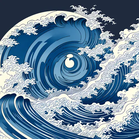 Katsushika Hokusai-style line art design, Hokusai-style dark blue rough wave pattern design. The tip of the wave is the head of a dragon, the highest quality, masterpiece high resolution ukiyo-e style. Artistic style, 1:1, ukiyo-e style, 3D vector art, Ado...