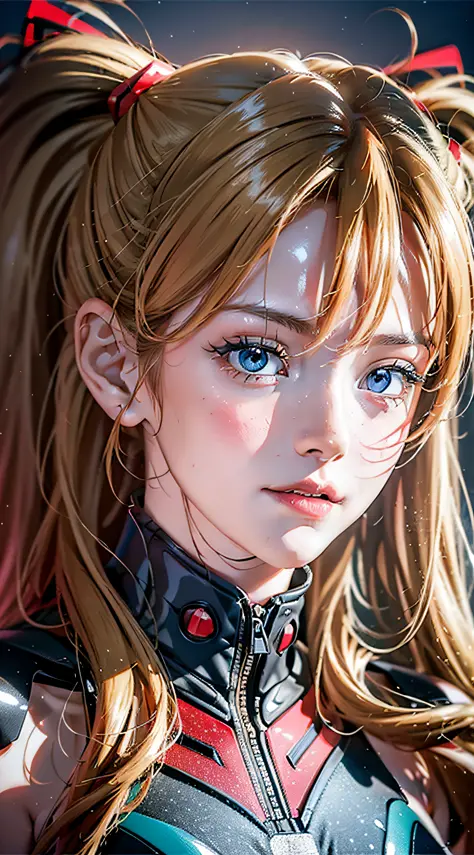 shikiha asuka langre, asuka, evangelion, her hair is a long blonde double ponytail, wearing a full red eva pilot's combat suit, ...