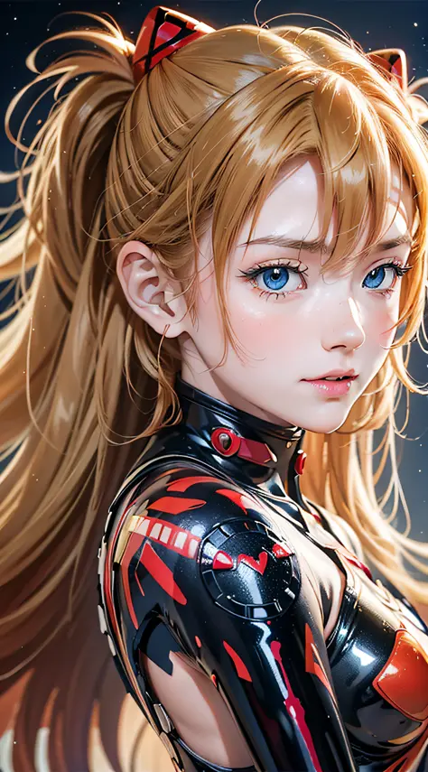 shikiha asuka langre, asuka, evangelion, her hair is a long blonde double ponytail, wearing a full red eva pilot's combat suit, ...