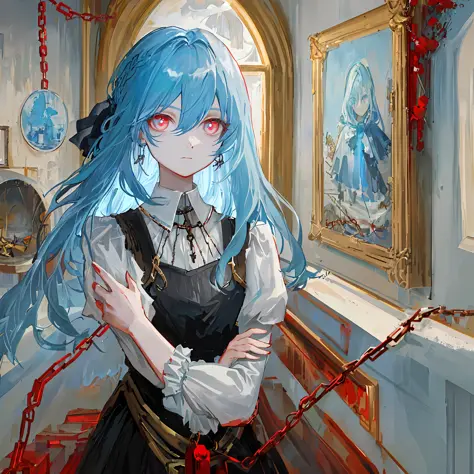 1 girl, upper body, light blue hair, red eyes, blood, chains, dim light, indoors, paintings, portraits