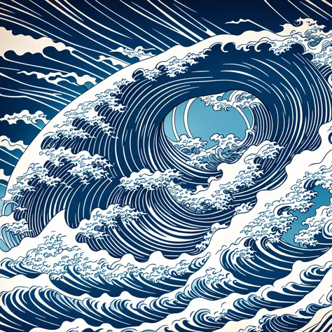 Katsushika Hokusai-style line art design, Hokusai-style dark blue rough wave pattern design. The tip of the wave is the head of a dragon, the highest quality, masterpiece high resolution ukiyo-e style. Artistic style, 1:1, ukiyo-e style, 3D vector art, Ado...