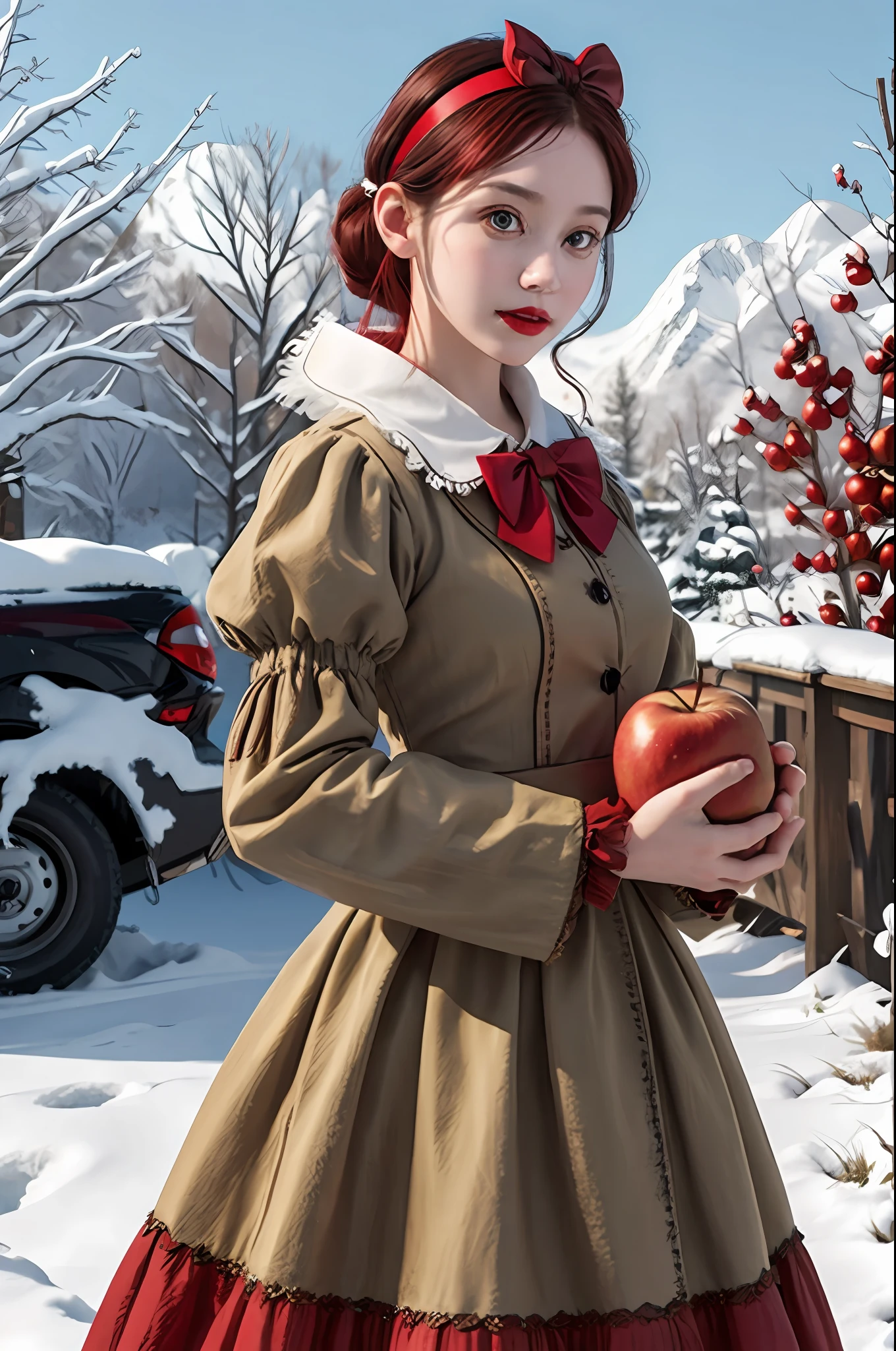 (masterpiece,photorealistic:1.37),(detailed texture:1.1),(illustration:1.1),(cowboy shot:1.4),SnowPrincessw,(red lips,white skin),eyelashes,gradient eyes,(medium breasts:1.2),(:1.3),outdoors,black hair,snow white, (dress, puffy sleeves:1.3),(red hairband with bow:1.4),(brown eyes:1.4),(nature:1.1),expressionless,looking at viewer,(butterfly:1.2),apple,(holding apple:1.4),(ornamental frame,:1.2),BREAK,