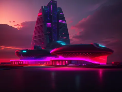 a futuristic looking building with neon lights on it's sides and a red sky in the background by Beeple Mike Winkelmann