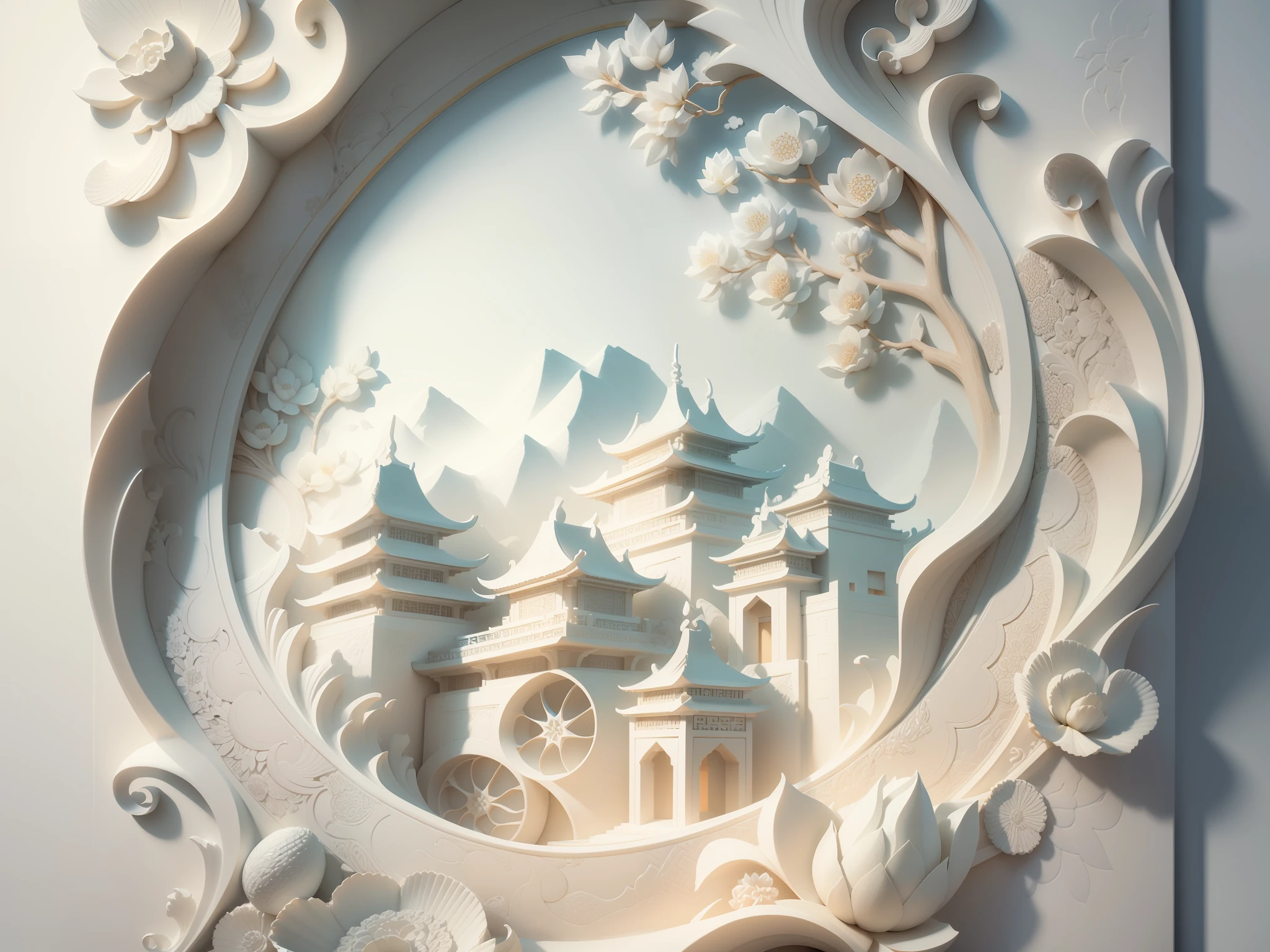 Relief blanc 3D, méticuleusement sculpté, sculpture en ivoire blanc, Illustration chinoise sur fond blanc, pastel, style chinois traditionnel, Peinture de paysage oriental, Embarcation multidimensionnelle de brouillard en papier, illustration de papier, vue super grand angle, rêve, 8k, Romantique, haute résolution, 8k