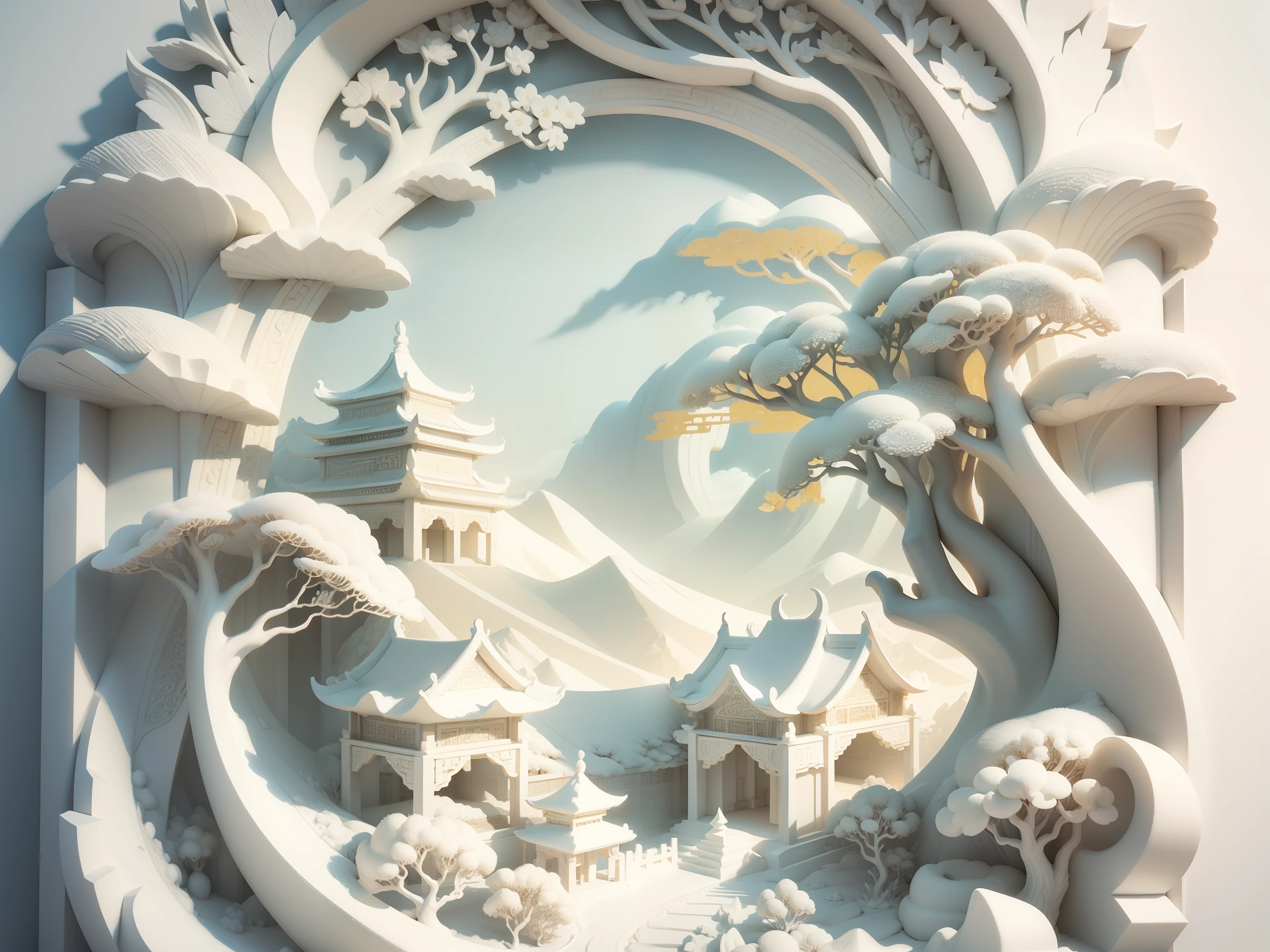 Relief blanc 3D, méticuleusement sculpté, sculpture en ivoire blanc, Illustration chinoise sur fond blanc, pastel, style chinois traditionnel, Peinture de paysage oriental, Embarcation multidimensionnelle de brouillard en papier, illustration de papier, vue super grand angle, rêve, 8k, Romantique, haute résolution, 8k