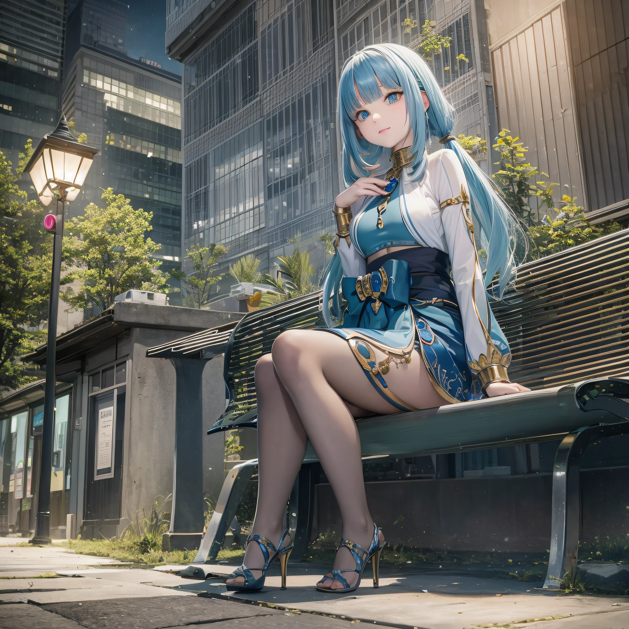 Human, two-dimensional female, blue hair, green eyes, sitting on bench, night background --auto --s2