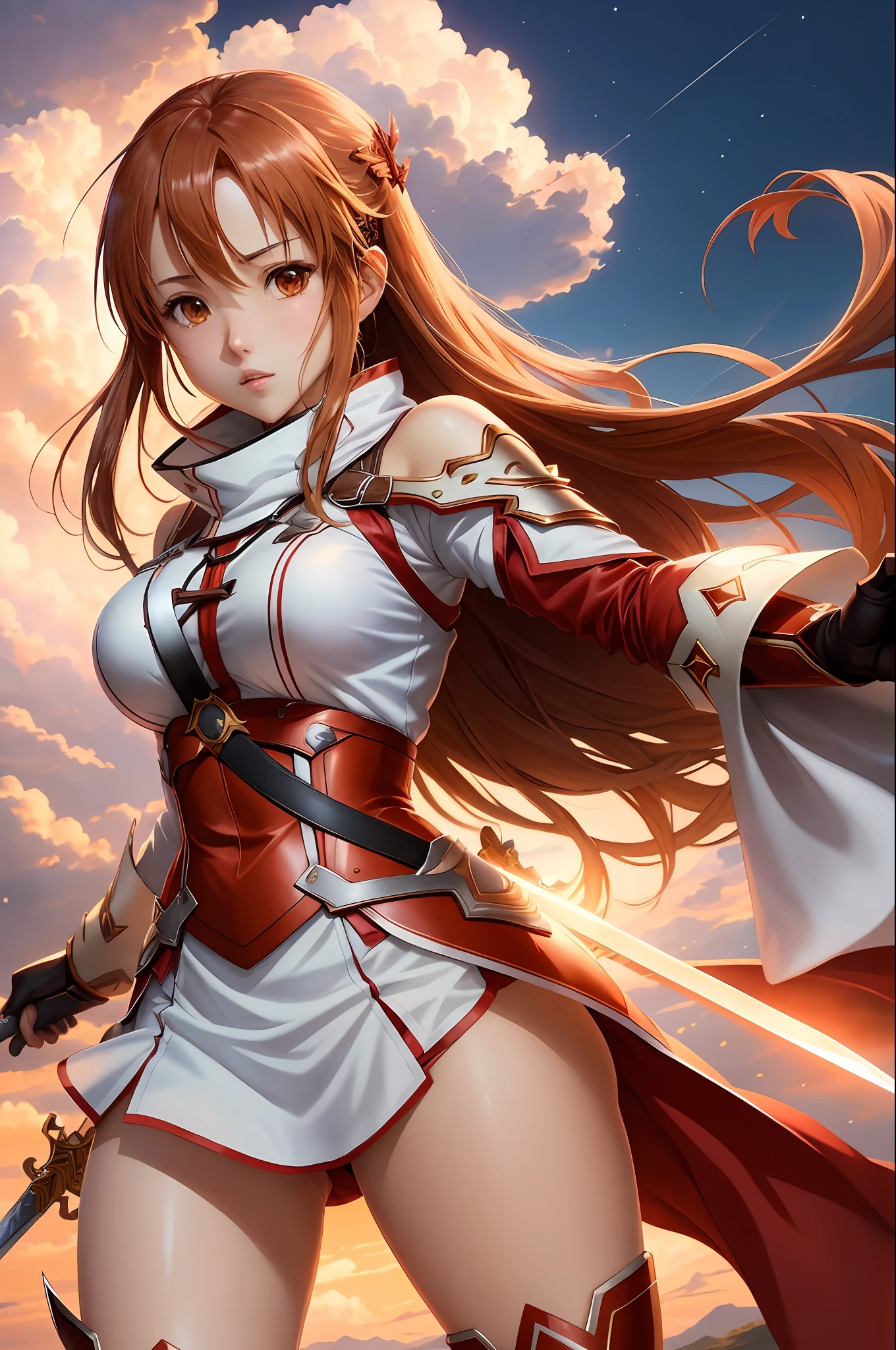 (สไตล์: อะนิเมะ, คุณภาพดีที่สุด), อาสึนะ ยูกิ จาก Sword Art Online ในท่าที่มีชีวิตชีวาด้วยดาบของเธอ, ลักษณะใบหน้าที่โดดเด่น, และชุดที่สวยงาม. ฉากนี้มีผลกระทบต่อภาพที่โดดเด่น, reminiscent of the สไตล์ of Oh! ยอดเยี่ยม. หน้าอกใหญ่